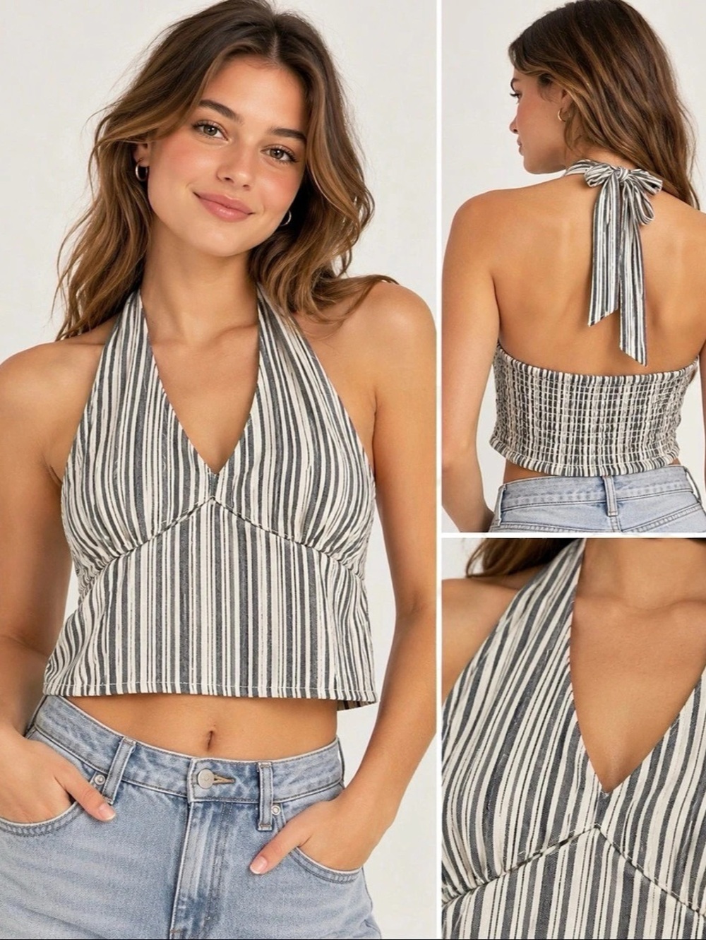 American Eagle Striped Halter Crop Top in White & Black Size Small Like New